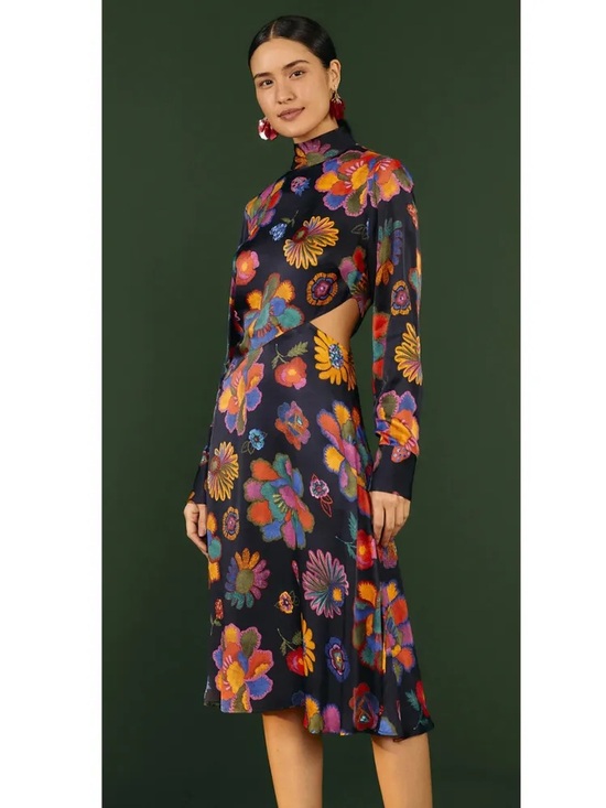 FARM Rio Dresses & Skirts - NWOT Farm Rio Lily’s Garden Floral Cutout High-Neck Midi Dress Black Multicolor